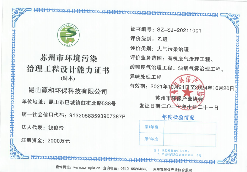 蘇州環境（jìng）汙染治理工程設計能力證書